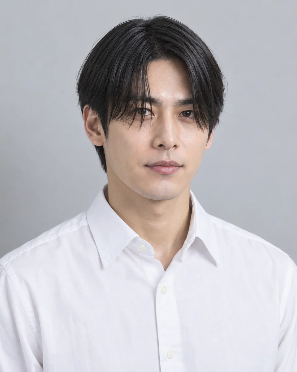 根元がつぶれて前髪が重く垂れたセンターパートの例