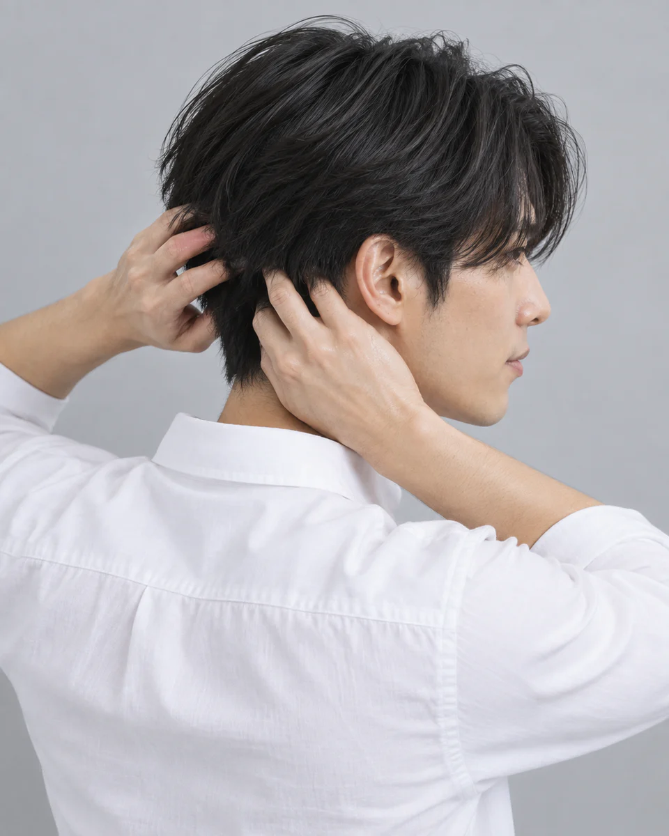 手のひらに伸ばしたバームを、襟足と後頭部から付けている。前髪にはまだ触れていない
