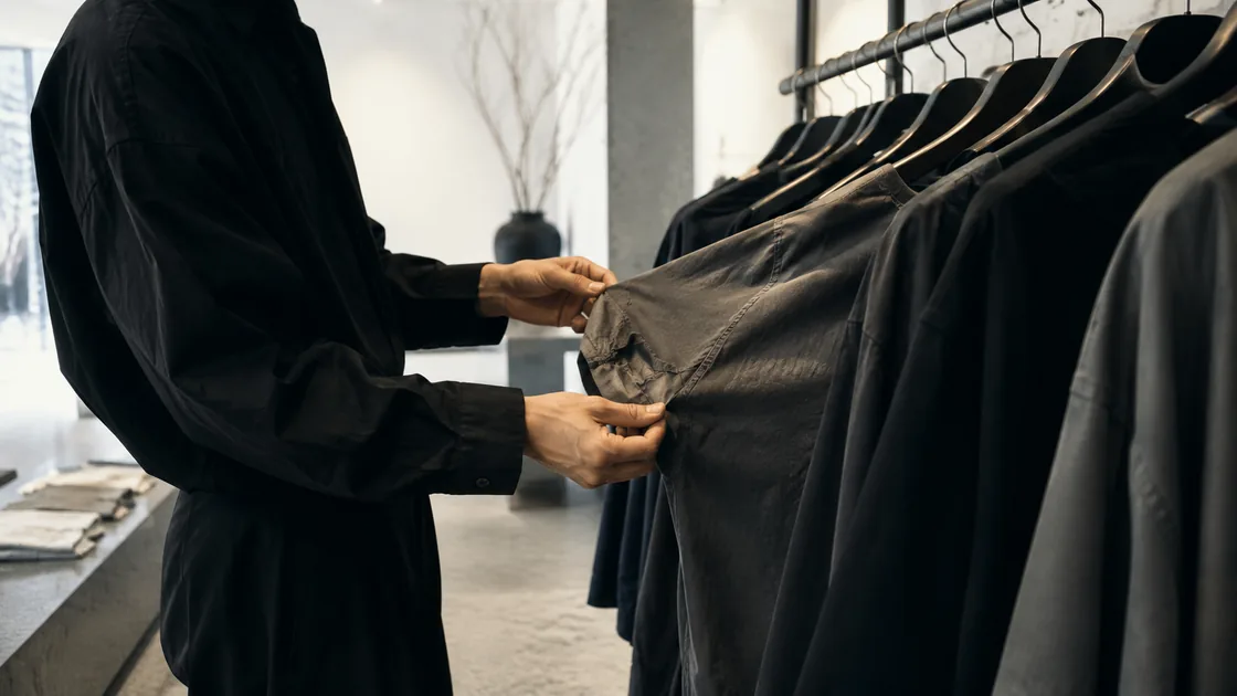 店頭で服の縫製と素材を確かめる手元