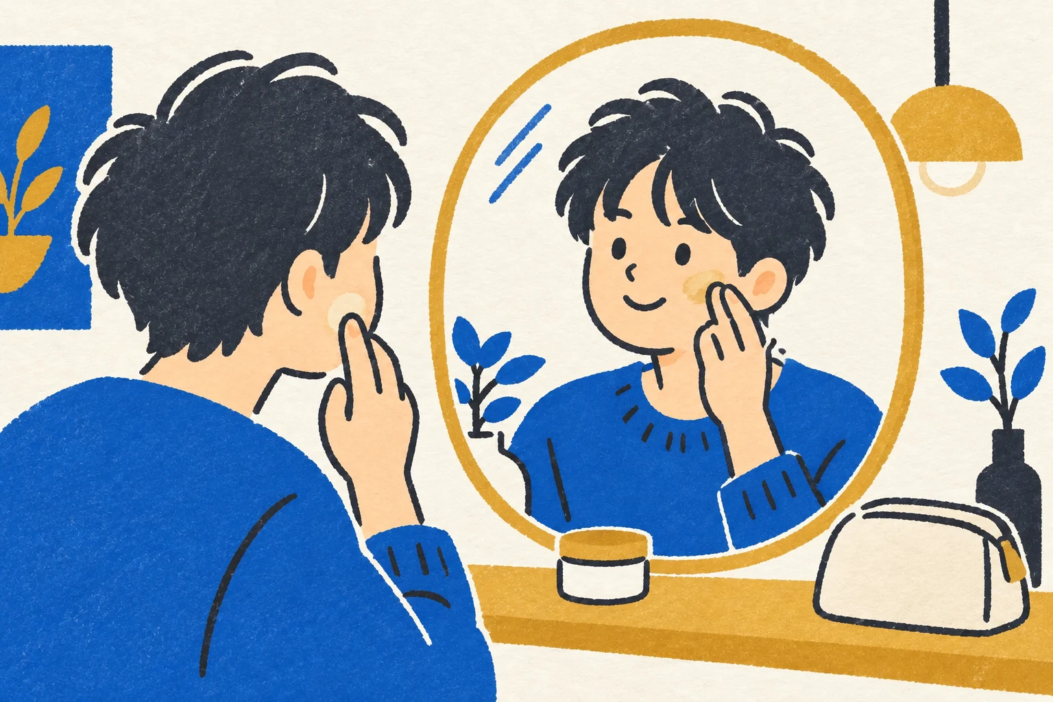 指先で頬へ少量のベースをなじませる男性を描いたポップな手描き風イラスト