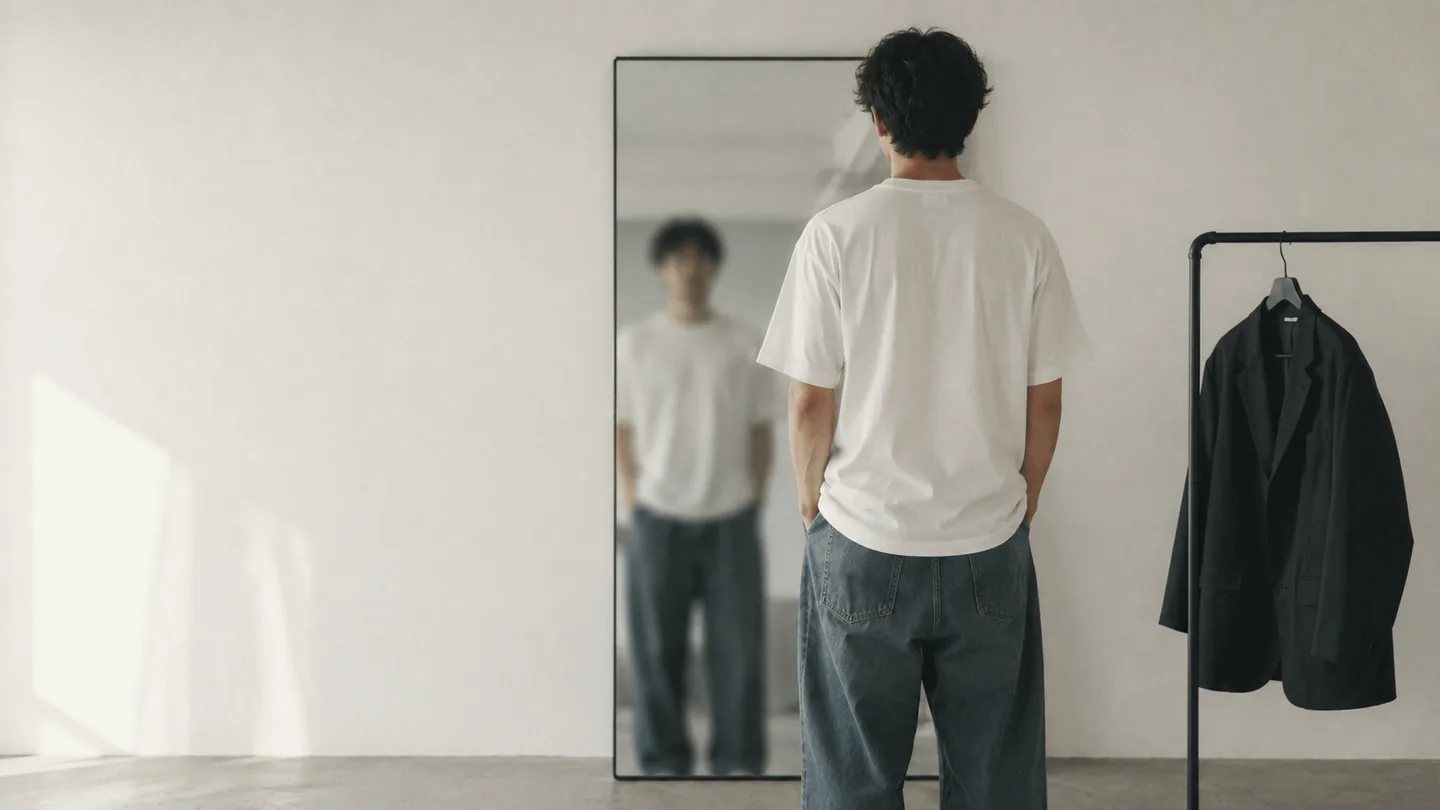 姿見の前に立つ男性の後ろ姿