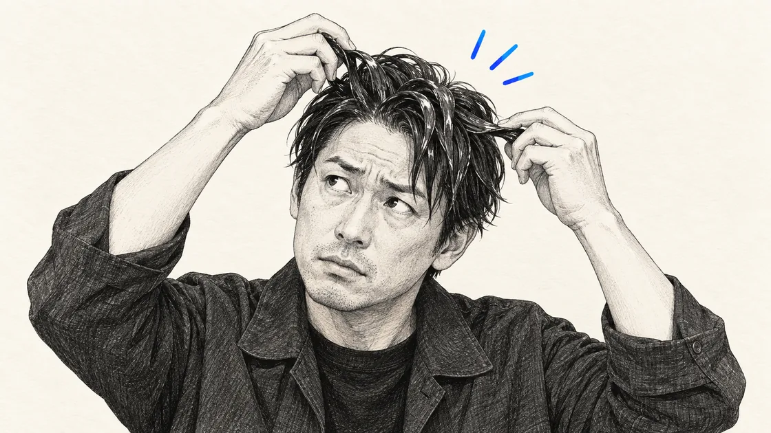 乾かす前の髪を多量のワックスだけでセットしようとしている男性のイラスト