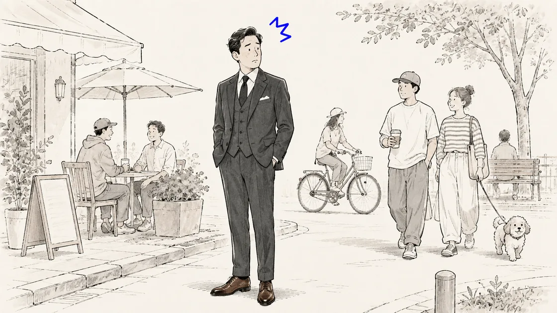 休日にスリーピーススーツを着た着こなしのイラスト